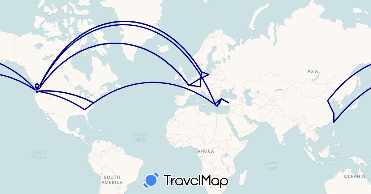TravelMap itinerary: driving in China, Germany, Denmark, France, Greece, Poland, Turkey, Taiwan, United States (Asia, Europe, North America)